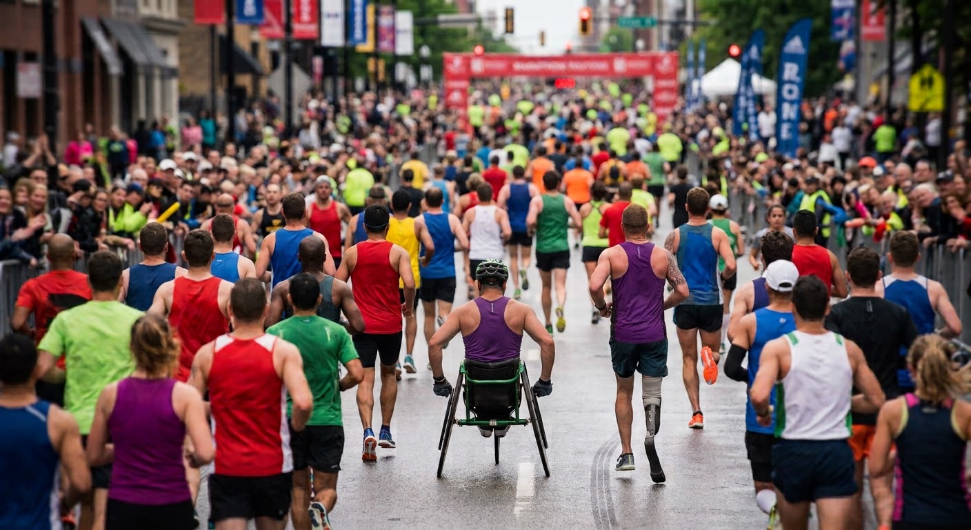 Runners with and without disabilities taking part in an inclusive city marathon, with a wheelchair racer among the runners on a wet urban street.